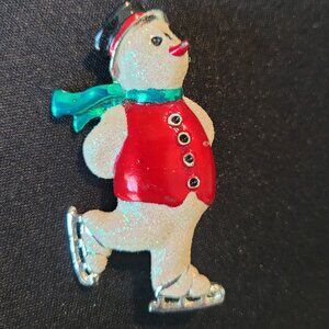 Vintage Ice Skating Snowman Costume Jewelry Brooch/Pin